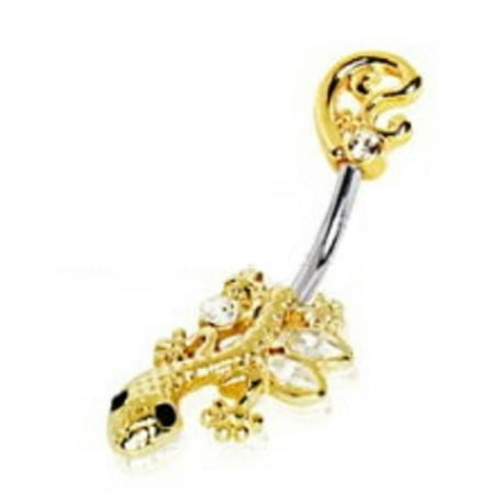 Plated Gecko - Belly Button Ring Surgical Steel Gold Plated Filigree Gecko Navel Ring 14g 3/8'
