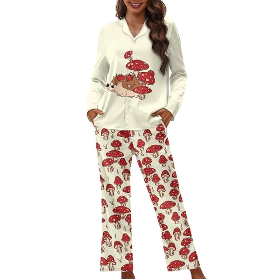 Kuiaobaty Hedgehog Mushroom Print Pajamas Set for Women Long Sleeve Sleepwear Nightwear Pjs Sets Soft Lounge Set Button Up Tops and Bottoms with Pocket, S