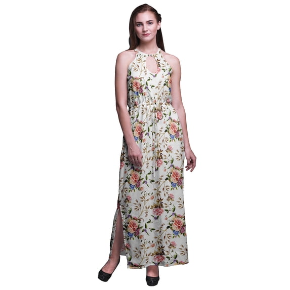 Bimba Floral Women Printed Crew Neck Side Slits Halter Dress Long Evening Gown-X-Large