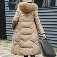 thumbnail image 6 of Winter Women Jacket Furry Hood Long Sleeves Pockets Knee Length Zipper And Button Closure Slim Waist Cotton Coat Mid Length Solid Color Windproof Warm Coat, 6 of 8