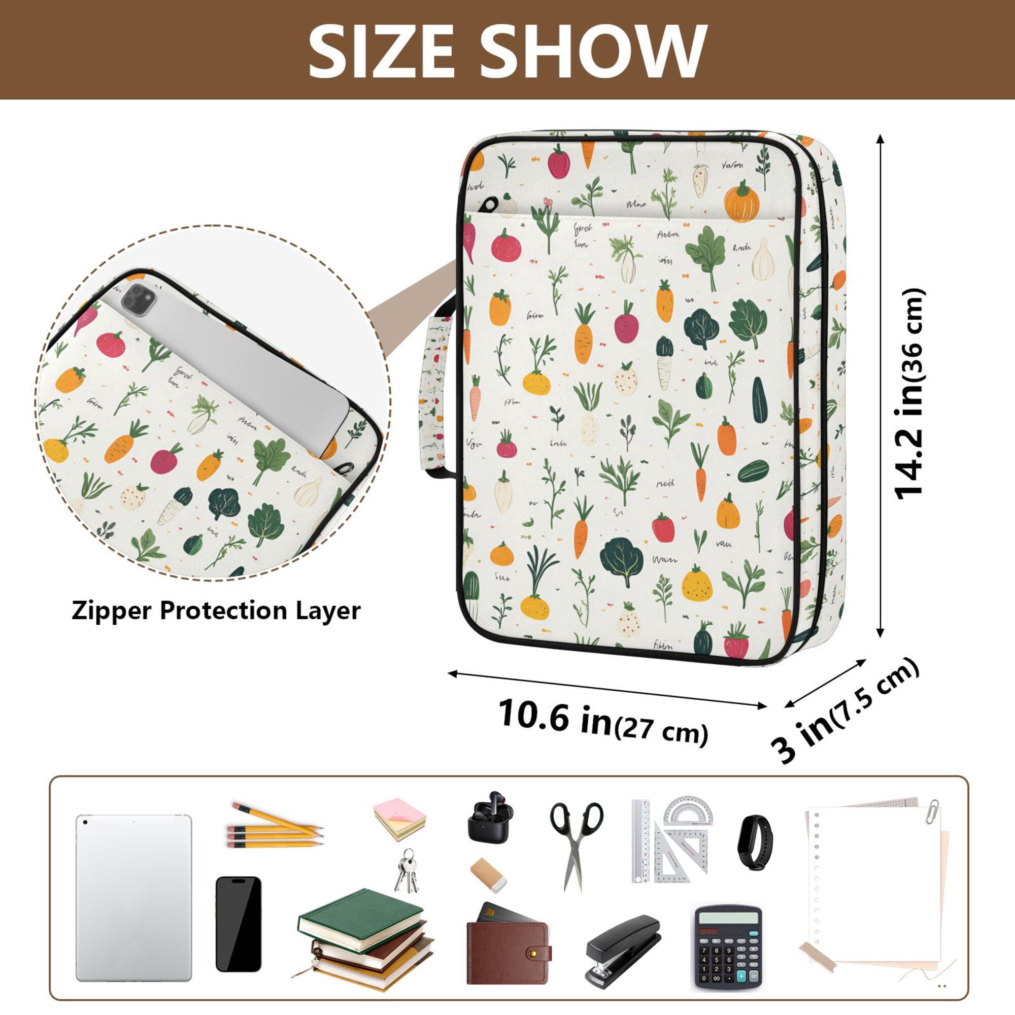FORMRS Accordion File Folder A4 Size 7-Pocket Expanding Document Organizer Bag with 3 Ring Binder, Beige Vegetables Pattern