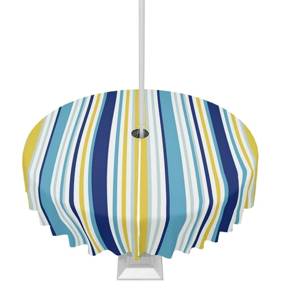 Outdoor Tablecloth Geometric Stripes Round Patio Tablecloths 60 Inch, Waterproof Outside Table Cloths with Umbrella Hole and Zipper, Yellow Blue Summer Table Cover for Outdoor Tables Garden