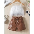 thumbnail image 2 of Bslissey Toddler Little Girls Summer 2Pcs Outfits Sleeveless Fur Camisole Plush Tops + Elastic PU Shorts with Belt 18M 24M 3T 4T 5T 6T Kids Casual Fashion Short Pants Sets, 2 of 8