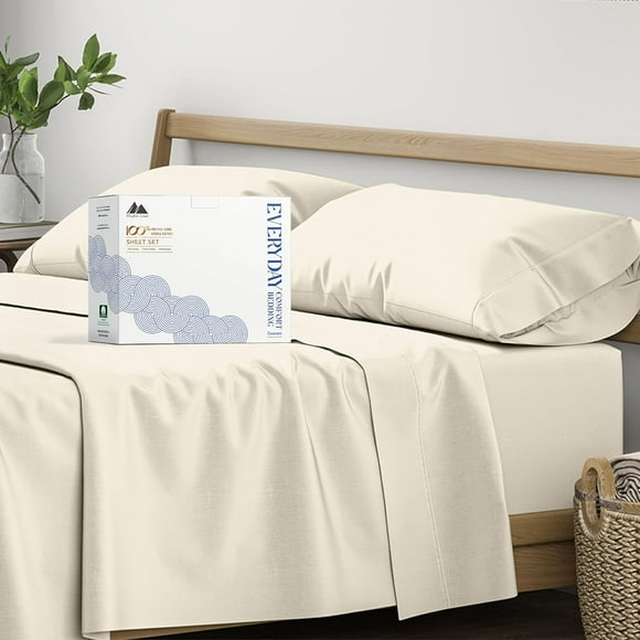 SHILIU-100% Organic Cotton Percale Sheets Queen Size - Cotton Percale Sheets Queen, 4 Piece Queen Percale Sheet Set, Soft Crisp, Cooling Sheets, 16" Deep Pocket Hotel Sheets Queen Size - Ivory