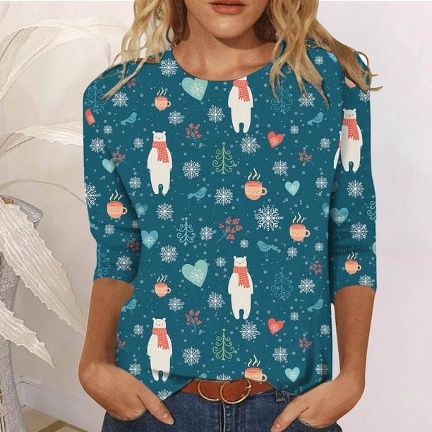 Pntutb - Camiseta holgada con estampado de moda para mujer, blusa de manga 3/4, cuello redondo, tops casuales Pntutb Pntutb-1903