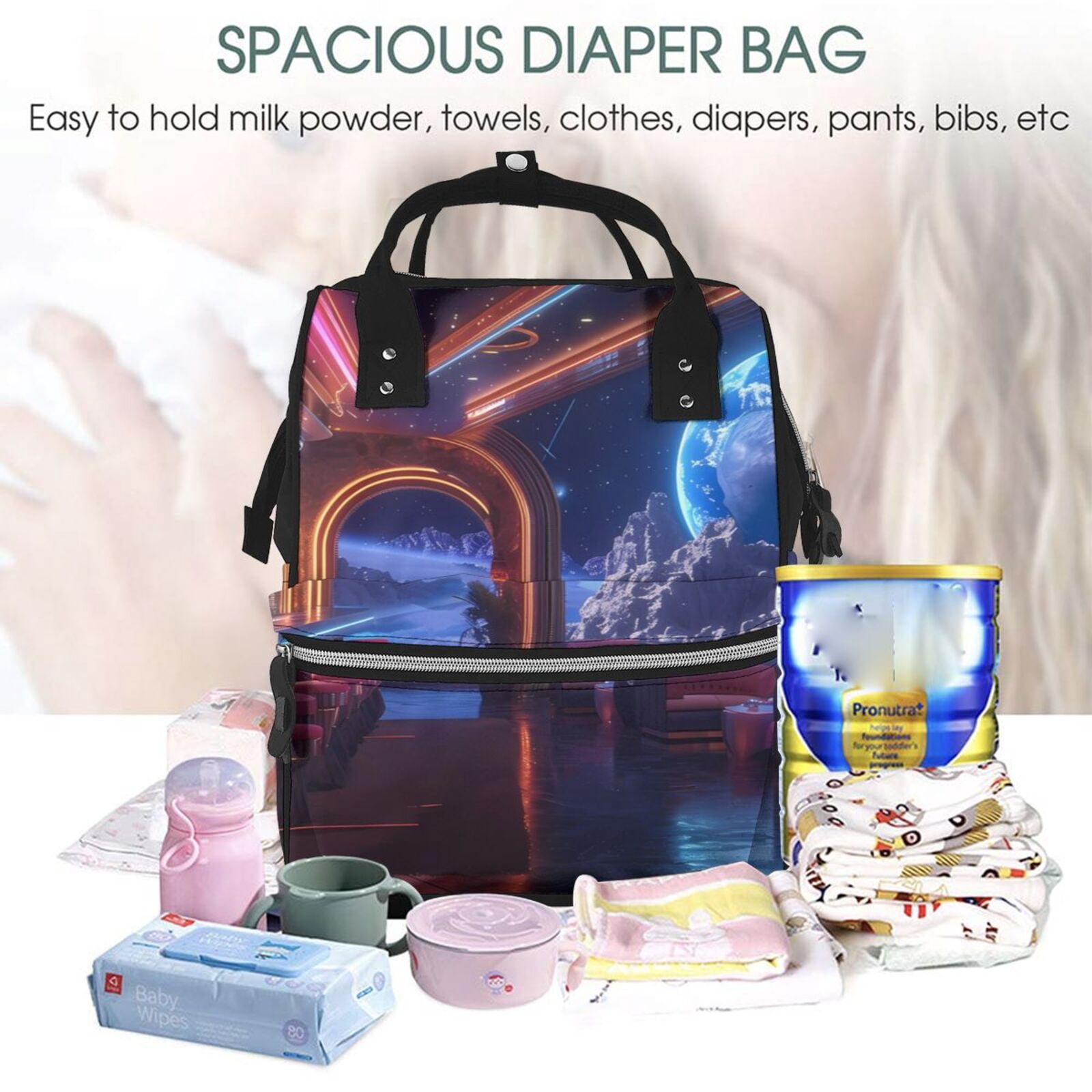 Fuzoiu Futuristic Bar Space View Print Diaper Bag Backpack,Baby Essentials Travel Tote,Multi function Waterproof Diaper Bag, Travel Essentials Baby Bag - Unisex