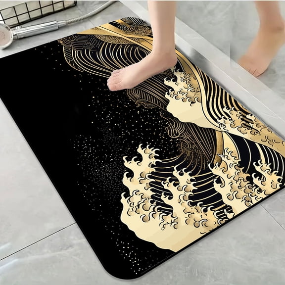 1pc Gold and Black Ocean Waves Bathroom Rug Bathroom Decor and Accessories- Durable,Anti Slip,And Quick Drying,Suitable For Indoor/outdoor Use - Perfect For Bathrooms,Bedrooms,Kitchens
