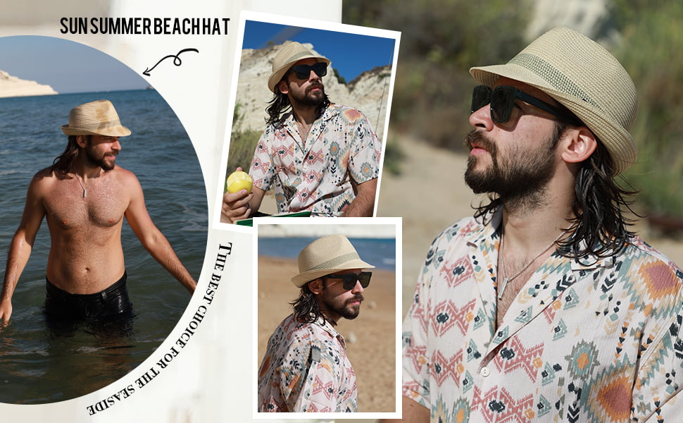 JowTreex Men Straw Sun Hat Floppy Short Brim Summer Beach Hat Trilby Hats