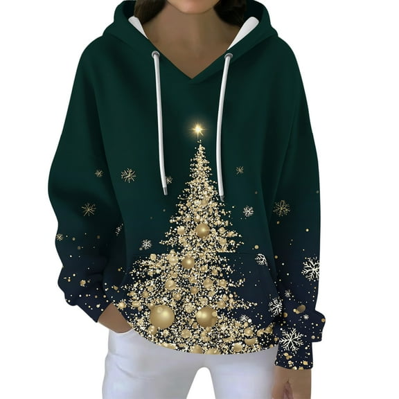 Christmas Hoodies For Women Funny Cute Printed Holiday Sweatshirt Winter Oversized Pullover Tops with Drawstring for Casual Wear