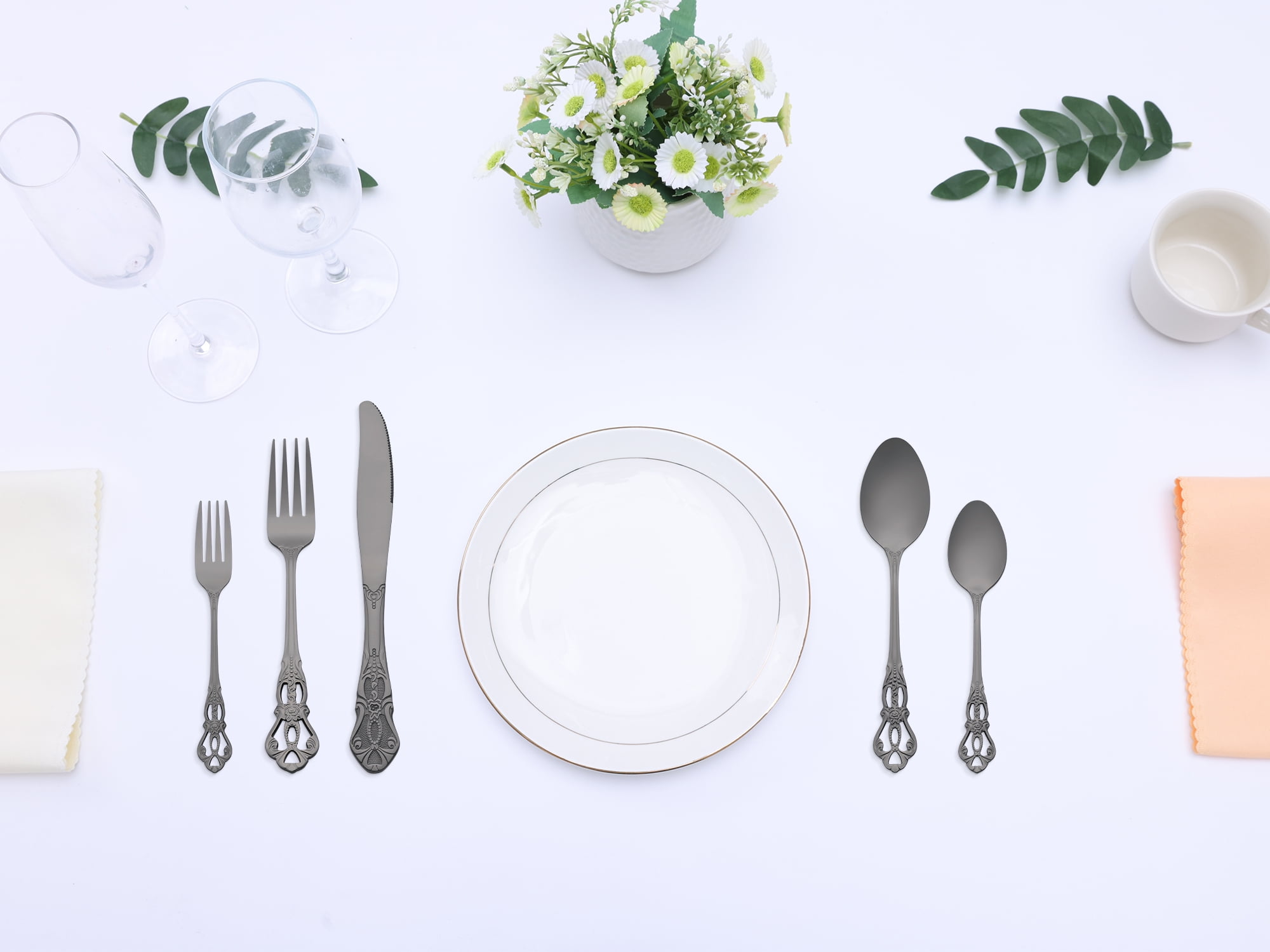Unique Bargains 20 Piece Stainless Steel Floral Flatware Set for Kitchen Eating Tableware Black 20