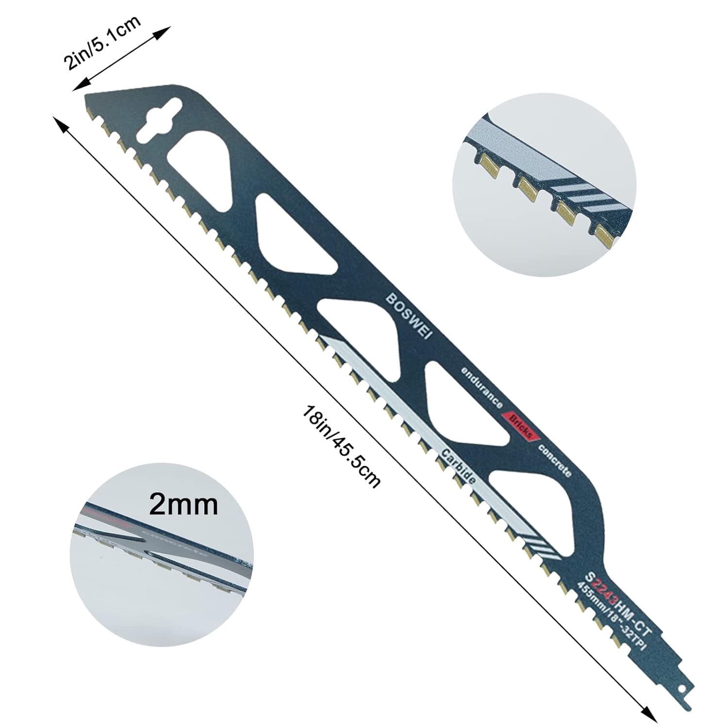 Tungsten Carbide Steel Reciprocating Saw Blade for Metal, Wood, Stone, Reciprocating Saw Accessories for Aerated Concrete, Brick, Concrete, Cement Board, Length (455mm (S2243HM))
