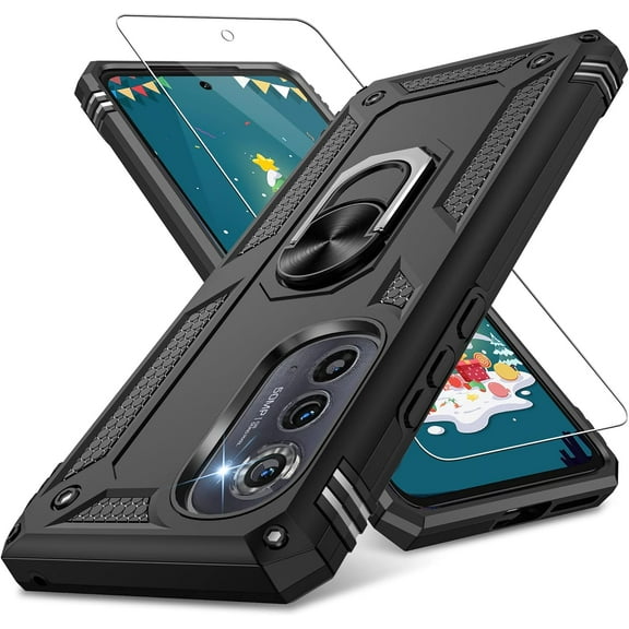 Compatible for Motorola Edge 2022 Case with HD Screen Protector, Moto Edge 2022 Case with Magnetic Ring Holder, Military-Grade Shockproof Protective Case for Moto Edge 2022, Black