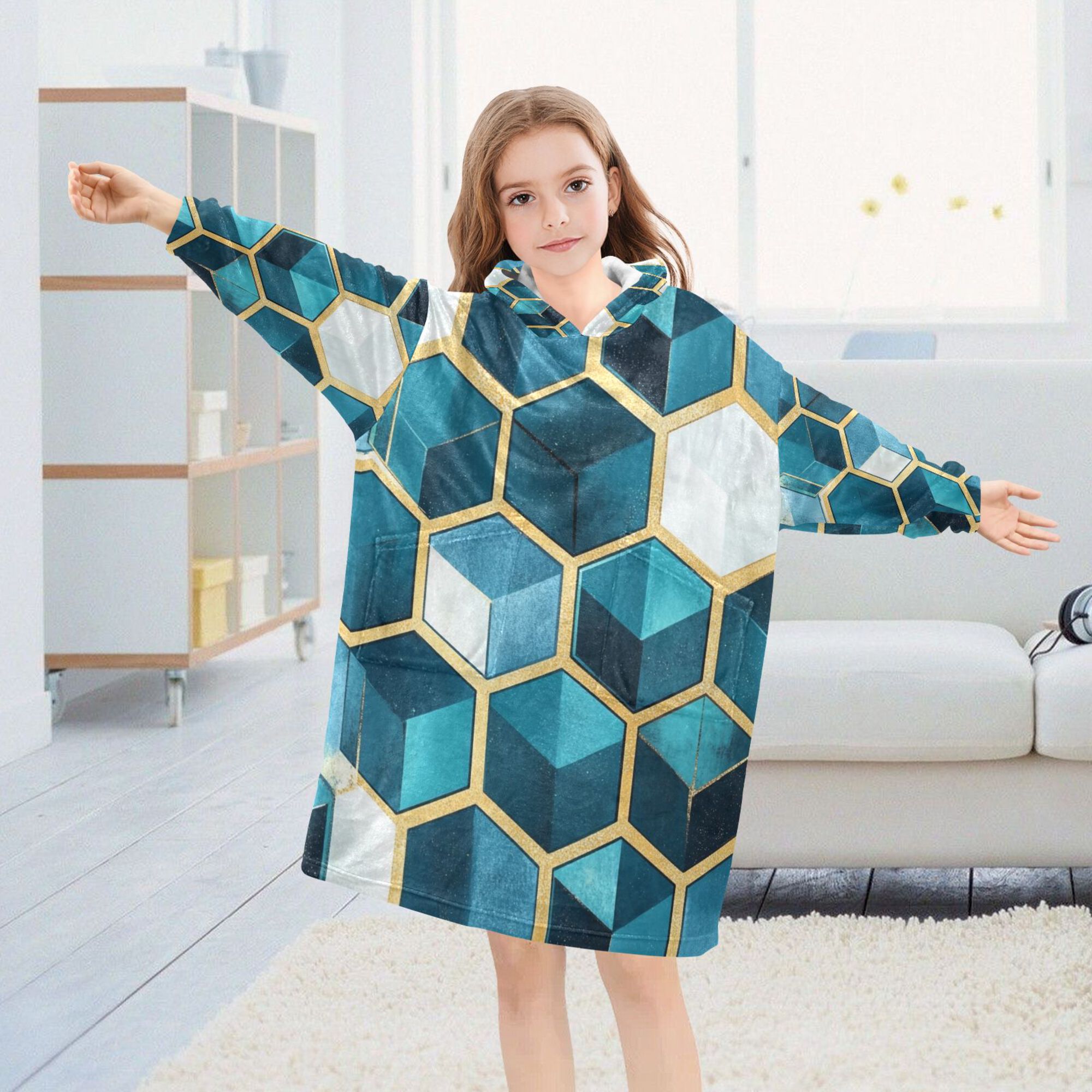 FORMRS Wearable Blanket Hoodie with Sleeves for Kids Cozy Flannel Sweatshirt, Light Blue Geometric Pattern