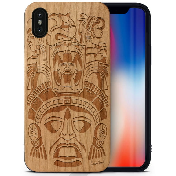 Case Yard Wooden Case Outside Soft TPU Silicone Slim Fit Shockproof Wood Protective Phone Cover for Girls Boys Men and Women Supports Wireless Charging Tribal Mayan Mask Design case for iPhone-XS-Max