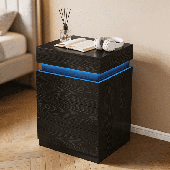 SAYGOGO Modern 3-Drawer Black Nightstand with Charging Station & LED Lights, Sliding-Top Wooden Side Table for Bedroom