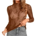 thumbnail image 5 of Penkiiy Mujer malla superior cuello de manga larga Slim Fit ver a través de blusas de camisa tops, 5 of 5