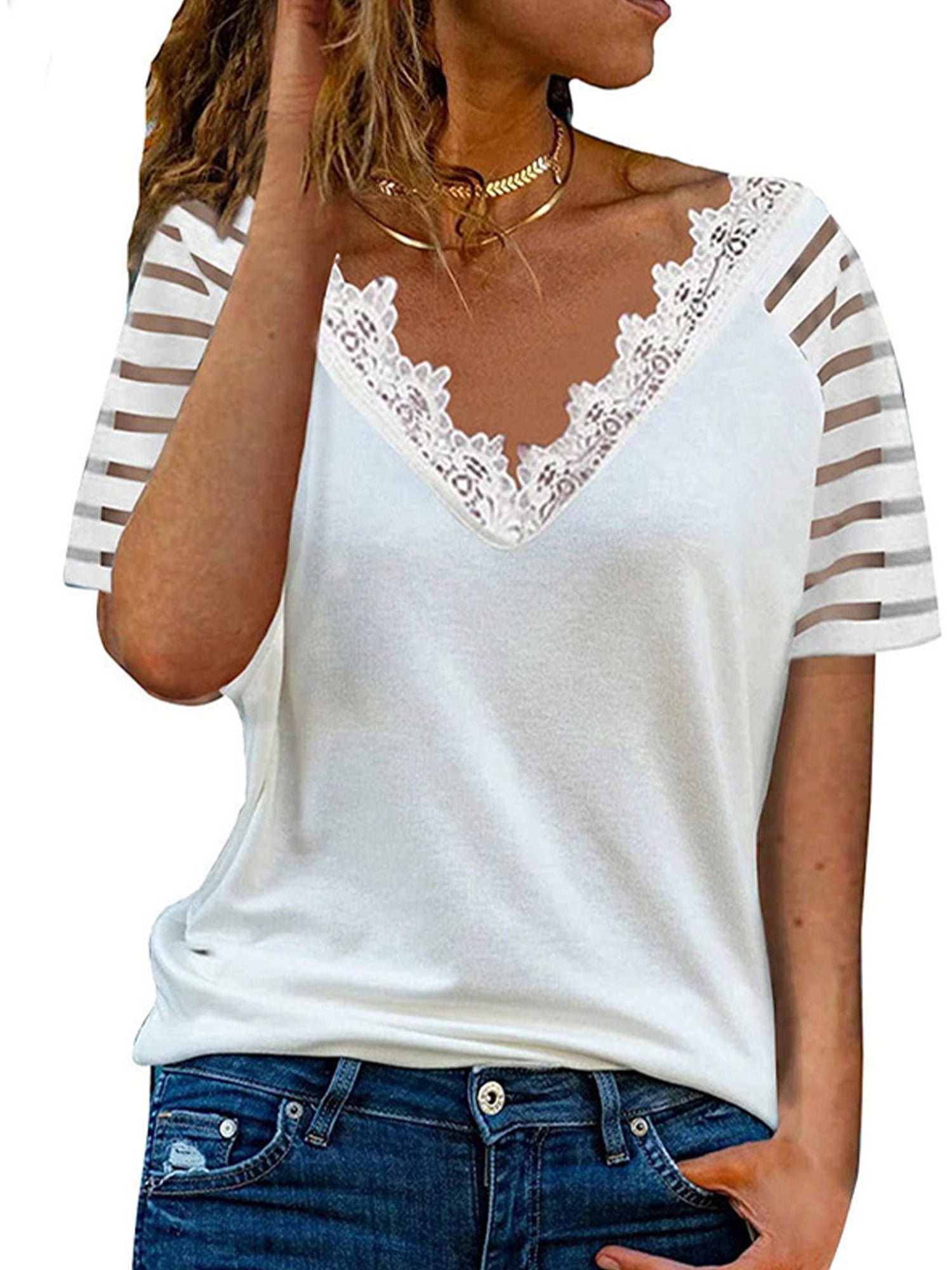 Women V-neck Blouse Stylish Lace Trim Tee Shirt Casual Short Sleeve ...