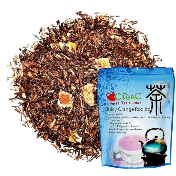 Juicy Orange Rooibos, decaffeinated, taste is similar to a hard candy that has fine sweet, orange notes a fresh aromatic composition, delicious for hot or iced, loose leaf tea, 2oz