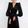 thumbnail image 2 of 2024 Spring New Satin Dress Female Design Sense Lantern Sleeve Notched Slim Temperament Slim Long Dress, 2 of 5