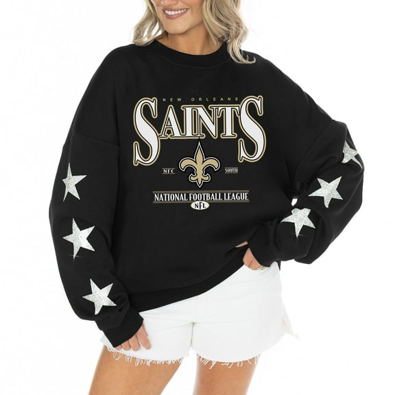 Women's Gameday Couture Black New Orleans Saints Rhinestone Star Sleeve Settle the Score Oversized Tri-Blend Pullover