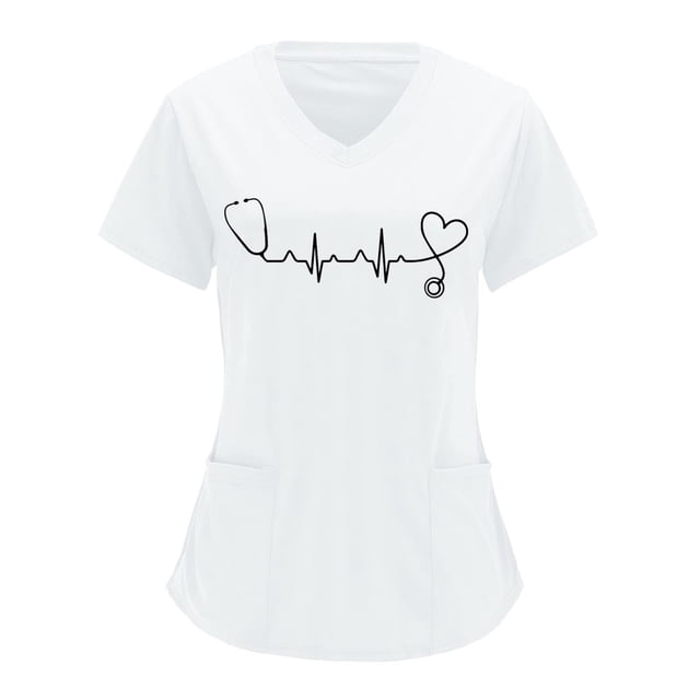 Rbaofujie Women's Short Sleeve Top Blouse Sales Clearance Women V-neck Solid Color Overalls Partial Positioning Printing Short Sleeve Working Uniform Tops
