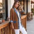 thumbnail image 5 of Hsovts Women Denim Patchwork Jacket Denim Cuffs Winter Fall Collared Jackets Knit Long Sleeve Patchwork Button Down Loose Lightweight Outerwear Brown S, 5 of 7