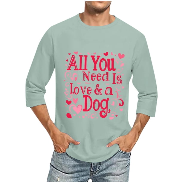 Camisas de Manga Larga para los Hombres Día de San Valentín Impresión Cuello Redondo Moda Casual, Mezcla de Poliéster de Lino de Algodón para Primavera Verano