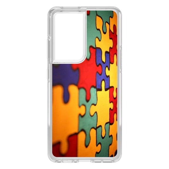 DistinctInk Clear Shockproof Hybrid Case for Galaxy S21 ULTRA 5G (6.8" Screen) - TPU Bumper, Acrylic Back, Tempered Glass Screen Protector - Red Blue Yellow Puzzle Pieces - Austism Awareness