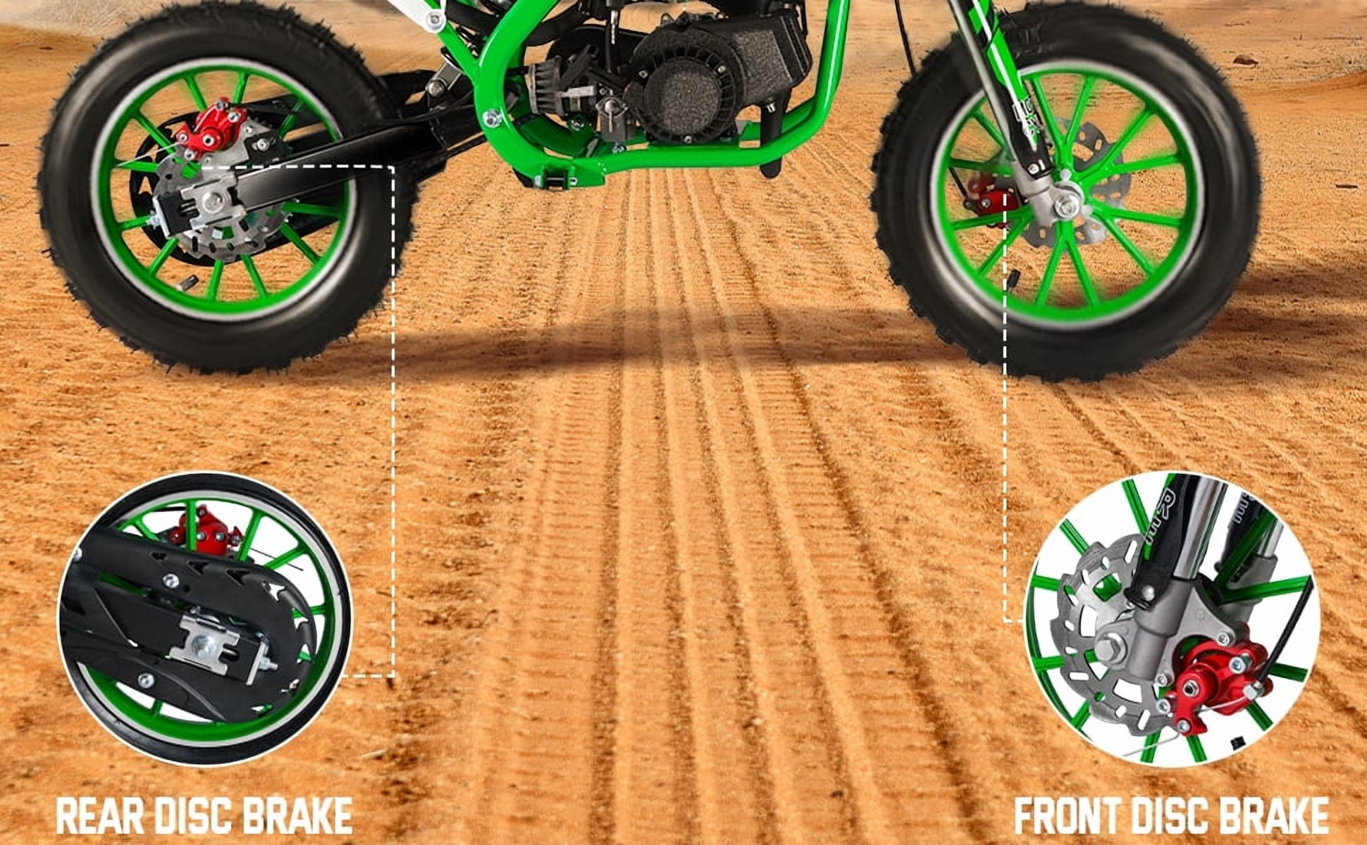 Korogimeeet Gas Powered Green Mini Dirt Bike 49cc 2-Stroke, 10 Inch Tires, Front Rear Disc Brakes, Full-Circle Crankshaft Engine, Smooth Acceleration, 47 x 28 Inch