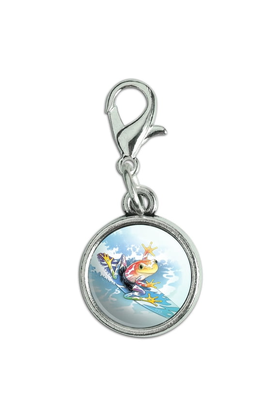 Surfing Surf Rainforest Tree Frog Tropical Antiqued Bracelet Pendant Zipper Pull Charm with Lobster Clasp