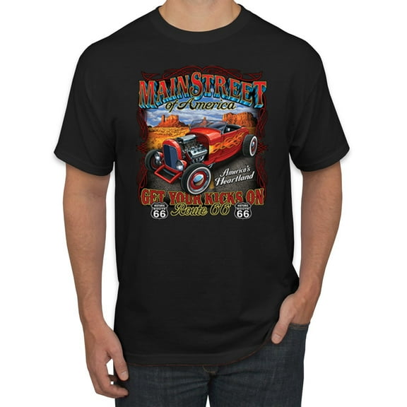 Main Street of America Route 66 Hot Rod Cars and Trucks Men's Graphic T-Shirt, Black, Small