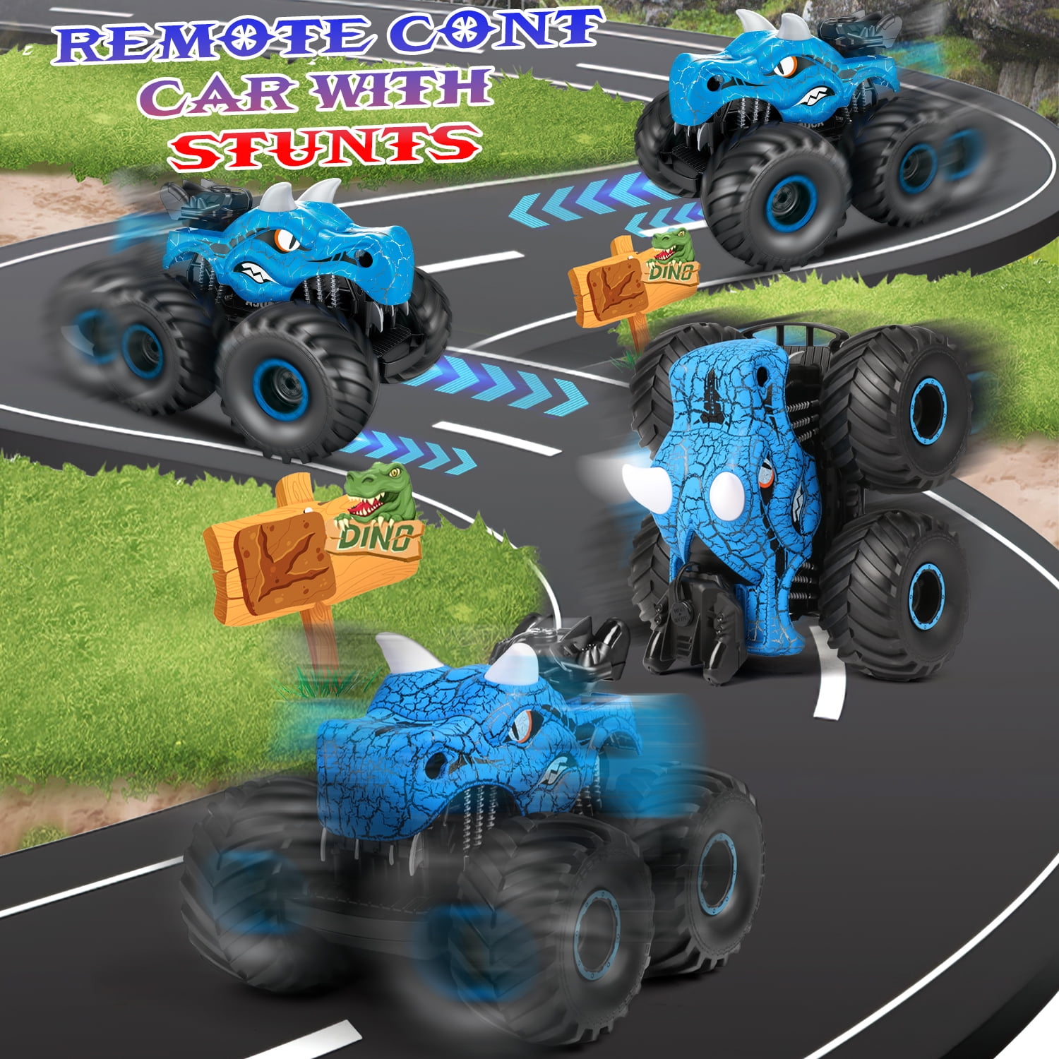 Huge Wave Dinosaur Remote Control Car, 2.4GHz RC Monster Trucks Toys with Spray, Light & Sound, All Terrain RC Cars Toys Christmas Birthday Gift,Blue
