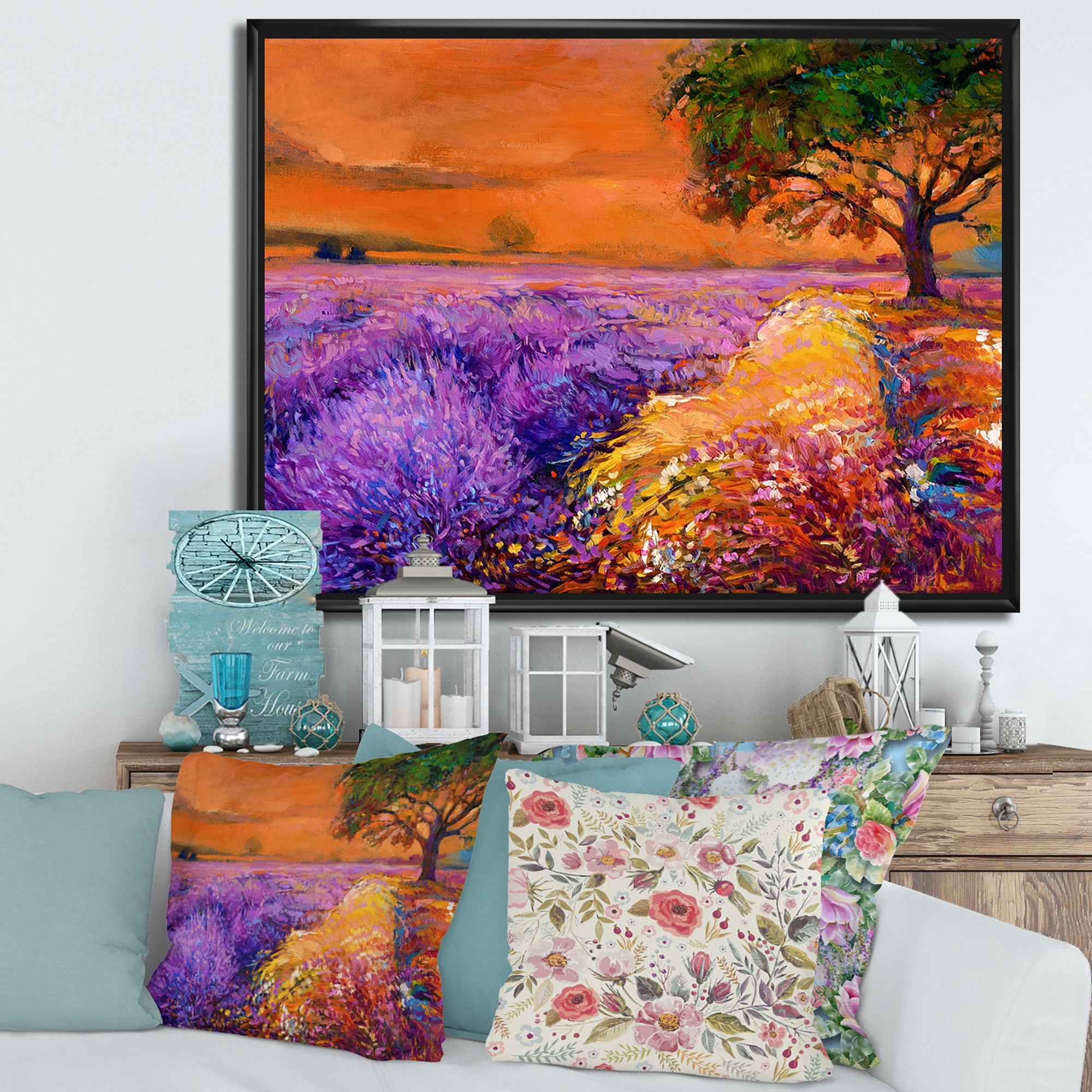 Designart 'An Orange Sunset Over Purple Lavender Fields II' Farmhouse Framed Canvas Wall Art Print
