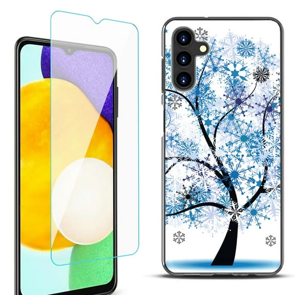 Slim-Fit Protective Fashion Phone Case (Black) for Samsung Galaxy A13 5G, with Tempered Glass Screen Protector, by OneToughShield ® - Snowflakes Tree