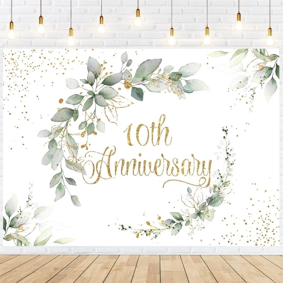 Happy 10th Anniversary Backdrop Cheers to 10 Years Marriage Wedding Day Background Sage Green Eucalyptus Gold Couples Memorial Anniversary Party Decorations Banner Supplies Photo Booth Props