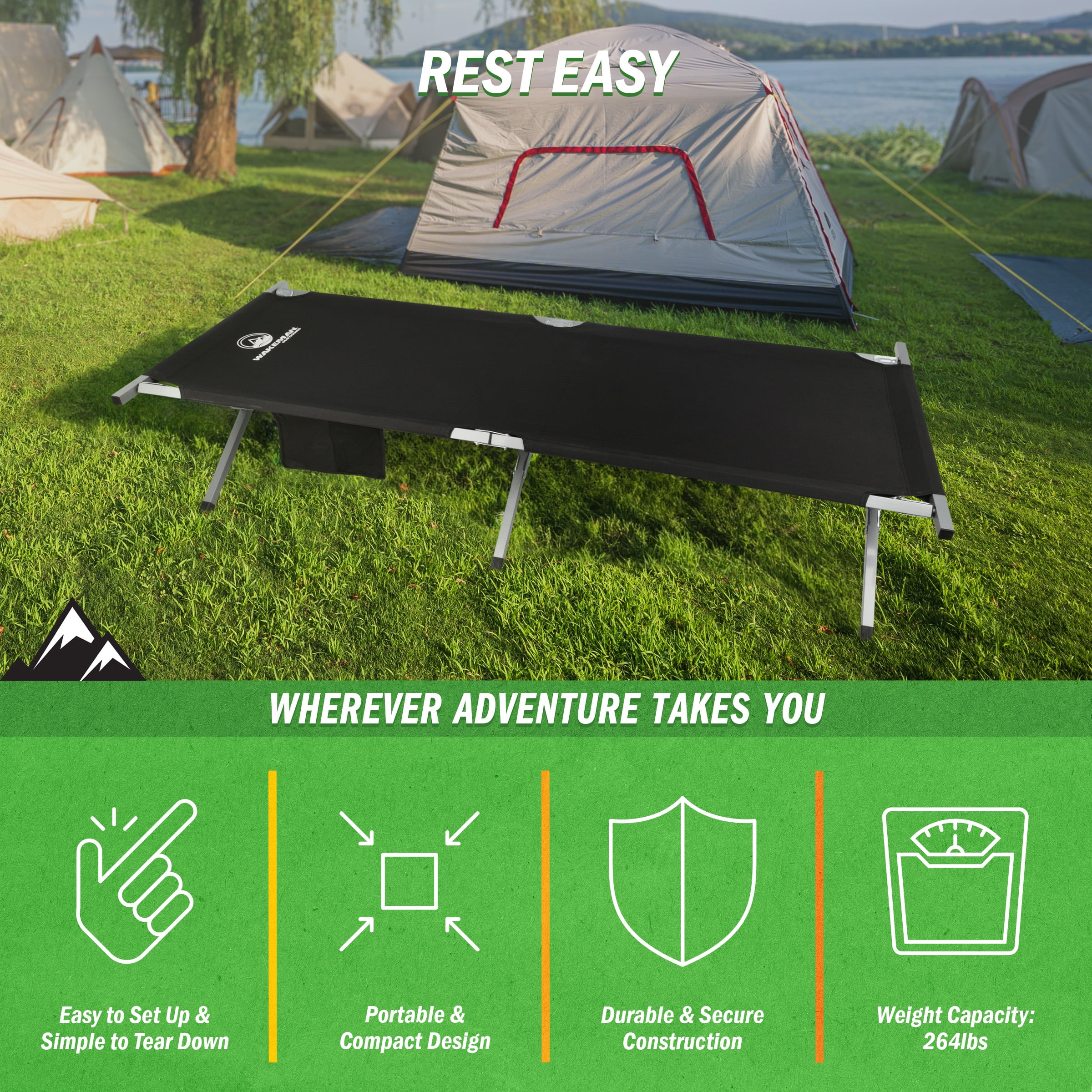 Wakeman Outdoors Camping Cot - Folding Camp Bed with Storage Pocket, Black