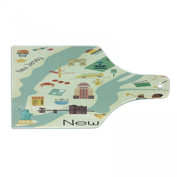 New York Cutting Board, Calligraphy and City Map with Street Elements and Monuments, Decorative Tempered Glass Cutting and Serving Board, in 3 Sizes, by Ambesonne