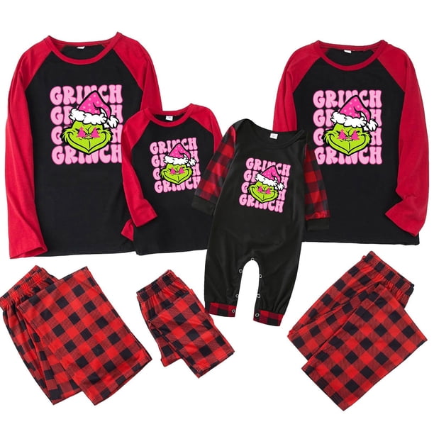 Conjuntos de pijamas navideños familiares a juego Grinch 2024, pijama de Grinch con parte superior y pantalones de pijama a cuadros, pijama de Grinch para niños y adultos para la familia, 3 Meses