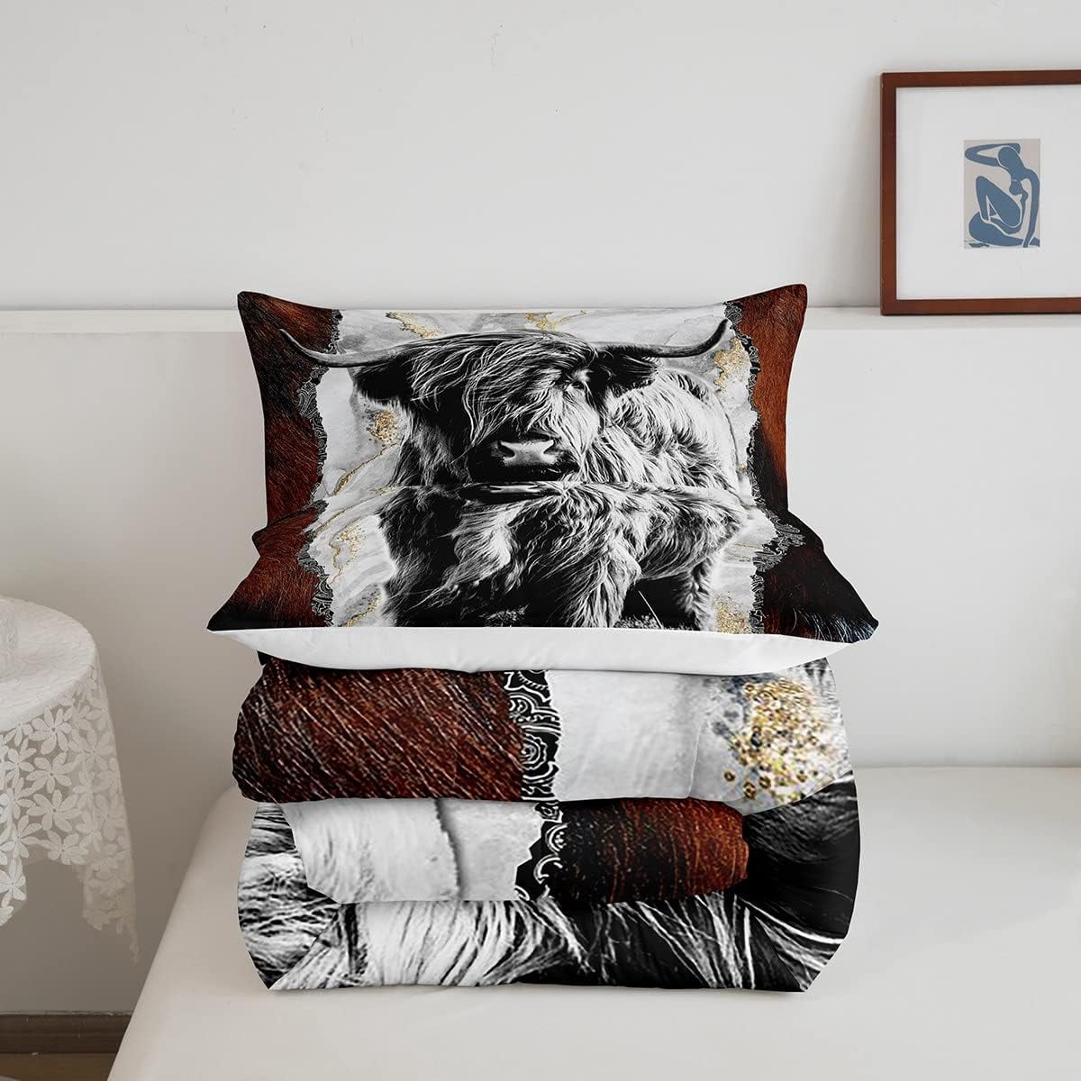 Highland Cow Comforter Set Full,Bull Cattle Bedding Set,Gold Grey Marble Duvet Insert Men,Wildlife Farmhouse Cow Down Comforter with 2 Pillowcases Home Room Decor
