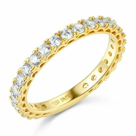 Solid 14k Yellow Gold CZ Cubic Zirconia Semi-Eternity Wedding Band Engagement Ring With Stone Setting (0.75