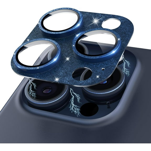 for iPhone 15 Pro/iPhone 15 Pro Max Camera Lens Protector Glitter Plus 9H Tempered Glass Screen Case Friendly Camera Cover for iPhone 15 Pro Max Titanium Glitter Blue