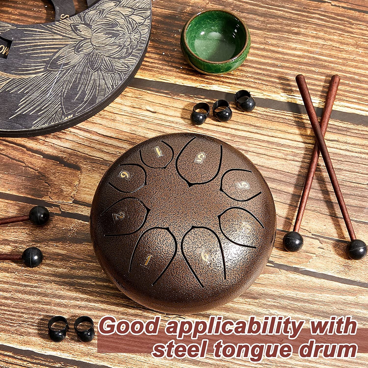 4 Pcs Steel Tongue Drum Mallets 8 Inch Glockenspiel Sticks Stick Mallet and Finger Sleeves, Silicone Rubber Knocking Picks for Gong Woodblock(Black)
