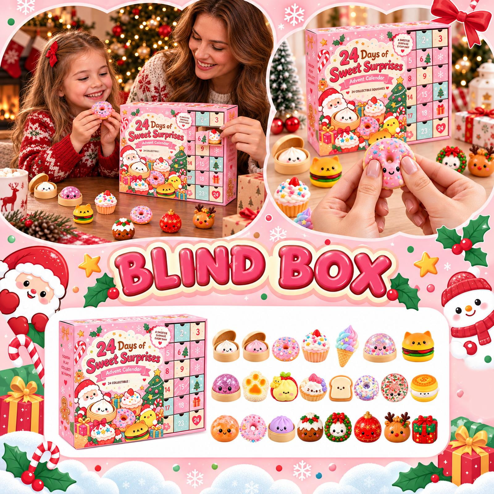 Christmas Sweet Surprises Squishy Advent Calendar Blind Box Cute Dumpling Dessert Squeeze Toys Holiday Countdown Party Gift Set