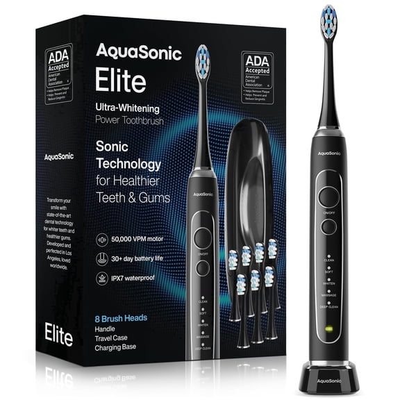 AquaSonic Elite Rechargeable Electric Toothbrush Set - ADA Accepted, 5 Modes, Travel Case, 8 Brush Heads (Black)