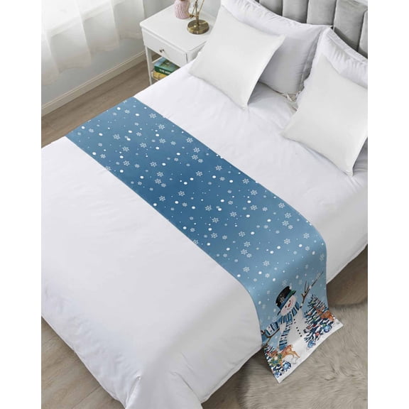 Bed Runner Scarf for Queen Size Bed, Blue Snowman Christmas Beds Scarf Throws for Foot of Bedding, Xmas Tree Ball Snowflake Winter Elk Decorative Beds Runners for Bedroom Guestroom, 83"x20"