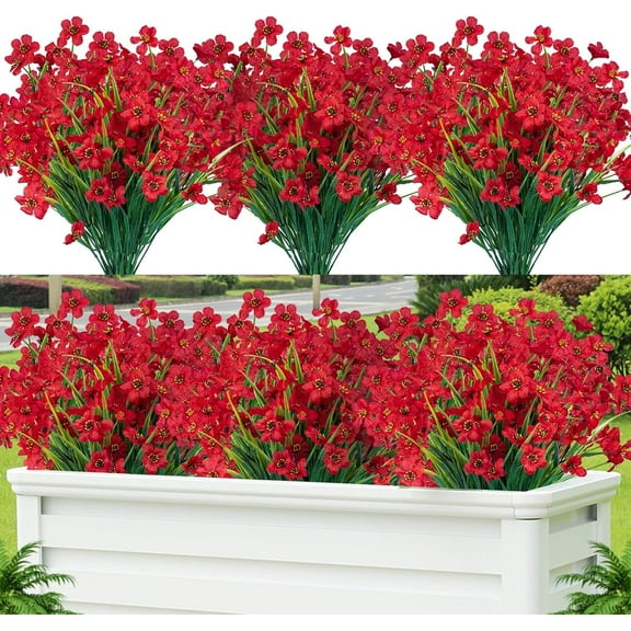 15 Bundles Silk-Feel Artificial Flowers, Screen-Printed Fabric Blooms, UV Resistant Faux Flowers for Outdoor Garden, Balcony & Window Box Decoration (Red)