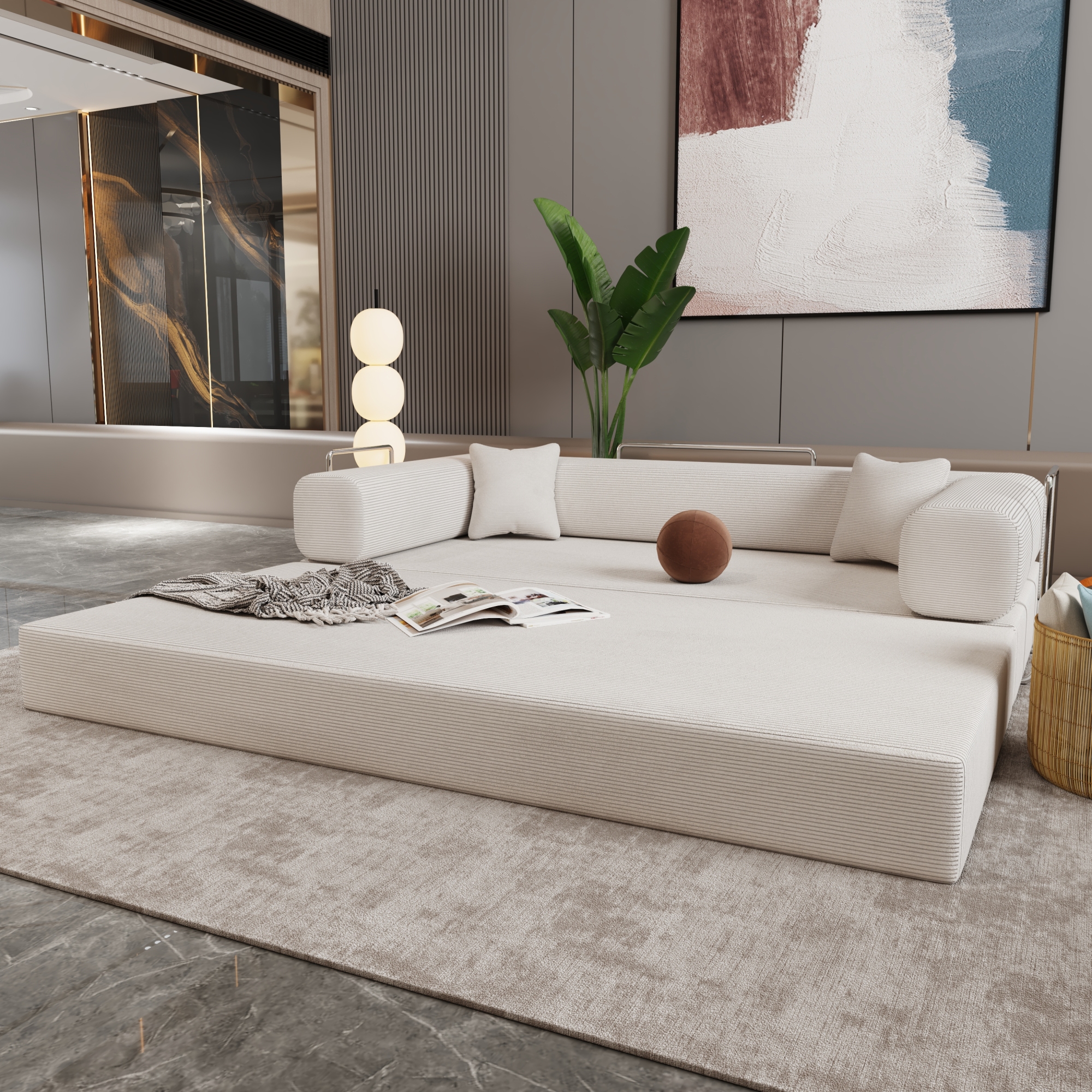 Convertible Floor Sofa Bed, Foldable Mattress Cloud Couch with Pillow Back & Armrest, Corduroy Sleeper Sofa Bed with Fixed-Shape Frame, Compressed Couch for Living Room Bedroom,Beige