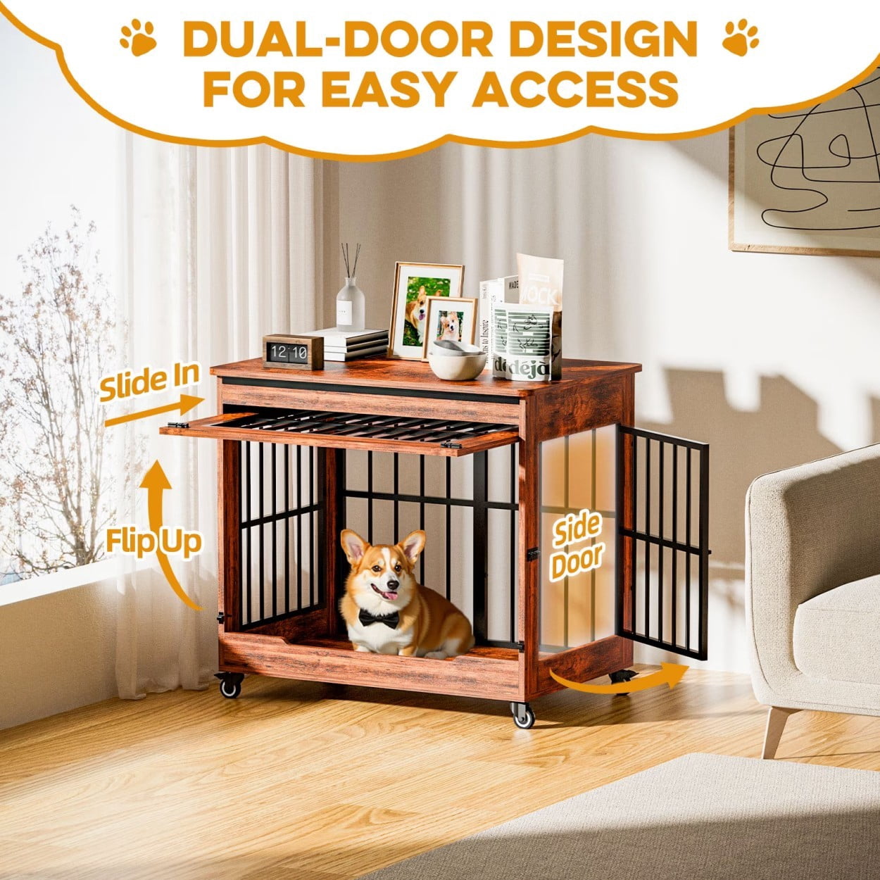 32" Dog Crate Furniture, Wooden Dog Kennel with Double Doors & Wheels, Indoor Dog Cage End Table for Small & Medium Dogs, Furniture Style Pet Crate, Brown