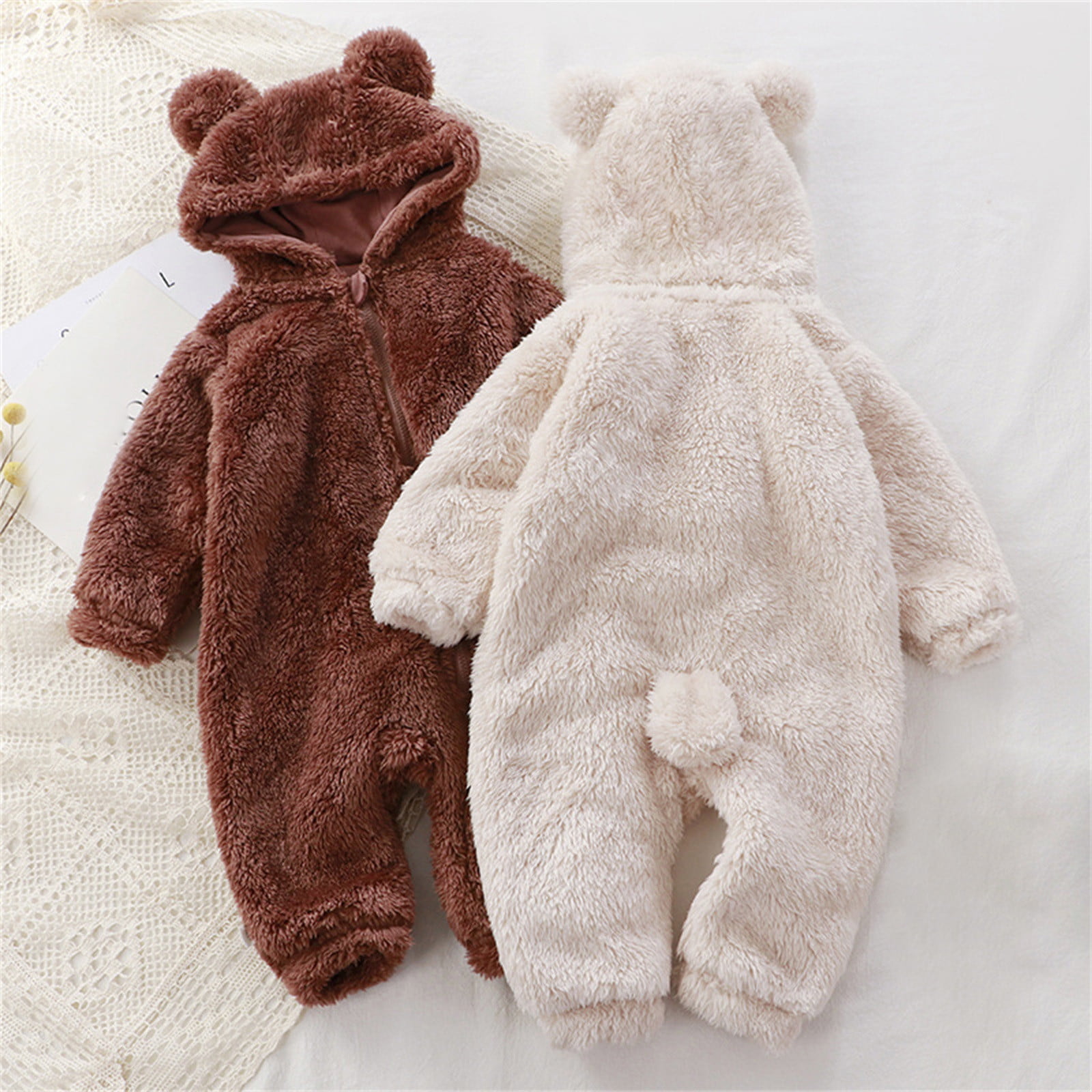 Lojoutye 2025 Baby 18 Month Clothes Cute Solid Long Baby Summer Pajamas Sleeves Cartoon Bear Ears Footed Hooded Zipper Romper Warm Footie Jumpsuit Sleeper Pa