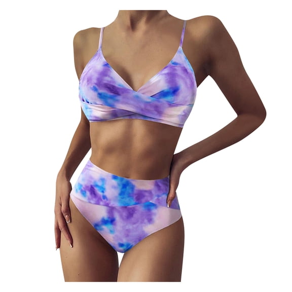 KaLI_store Swimsuits Women's Self Tie Knot Strapless Bandeau High Cut High Leg Bikini Swimsuit Purple,M